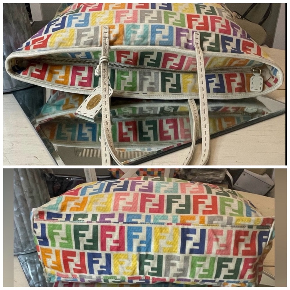 *WITH COA* Multicolor Fendi Spalmati Roll Tote Bag On Ivory Canvas And Leather - Picture 6 of 16
